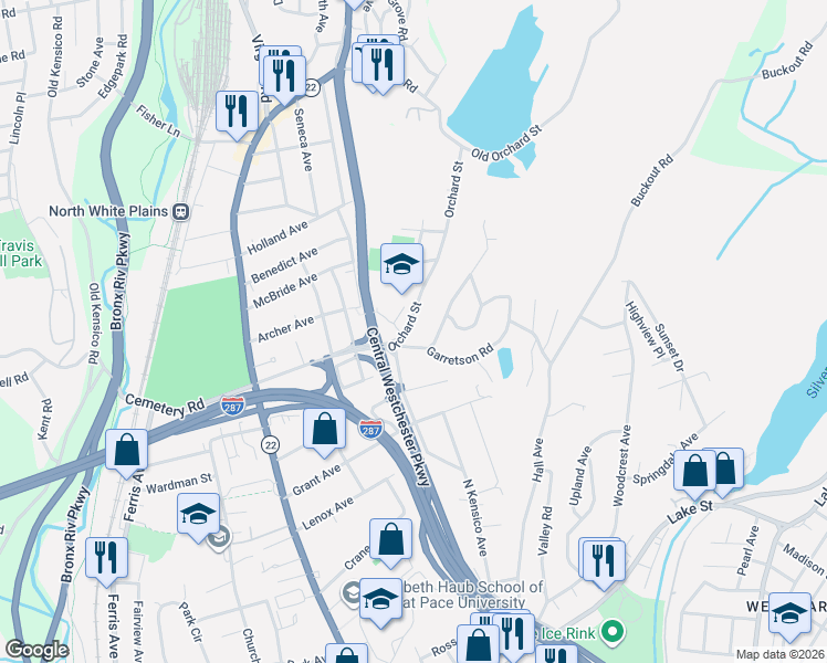 map of restaurants, bars, coffee shops, grocery stores, and more near 2 Garretson Road in White Plains
