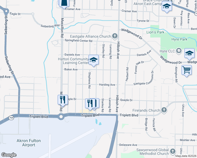 map of restaurants, bars, coffee shops, grocery stores, and more near 496 Hillman Road in Akron