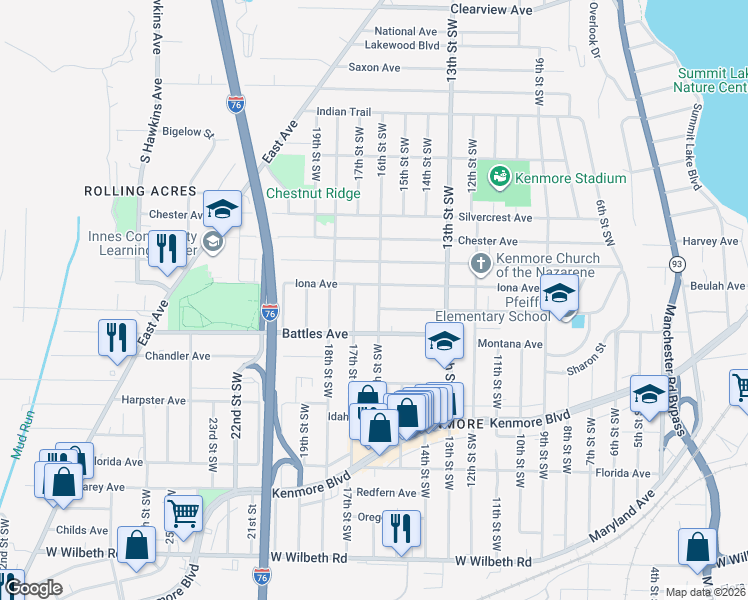 map of restaurants, bars, coffee shops, grocery stores, and more near 2063 17th Street Southwest in Akron