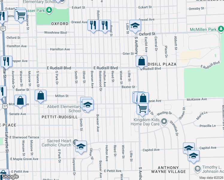map of restaurants, bars, coffee shops, grocery stores, and more near 4121 Holton Avenue in Fort Wayne