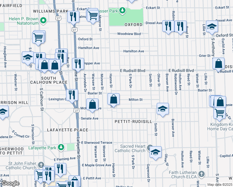 map of restaurants, bars, coffee shops, grocery stores, and more near 727 Milton Street in Fort Wayne