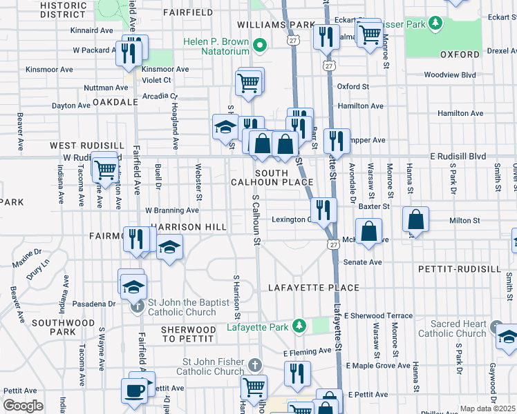 map of restaurants, bars, coffee shops, grocery stores, and more near 4117 South Calhoun Street in Fort Wayne