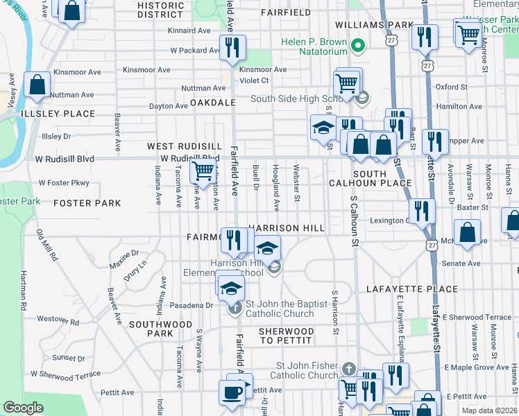 map of restaurants, bars, coffee shops, grocery stores, and more near 425 West Branning Avenue in Fort Wayne