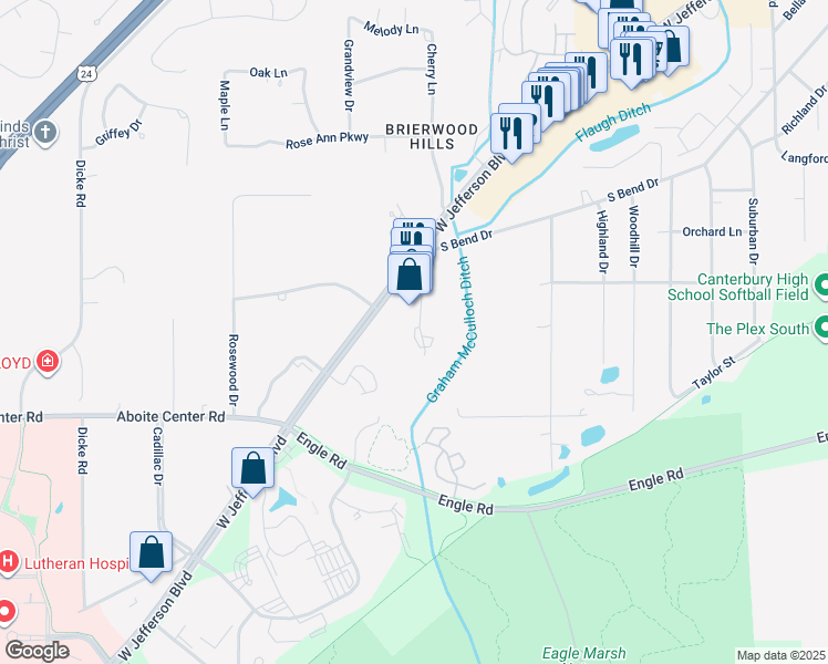 map of restaurants, bars, coffee shops, grocery stores, and more near 7127 West Jefferson Boulevard in Fort Wayne