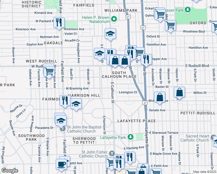 map of restaurants, bars, coffee shops, grocery stores, and more near 112 West Branning Avenue in Fort Wayne