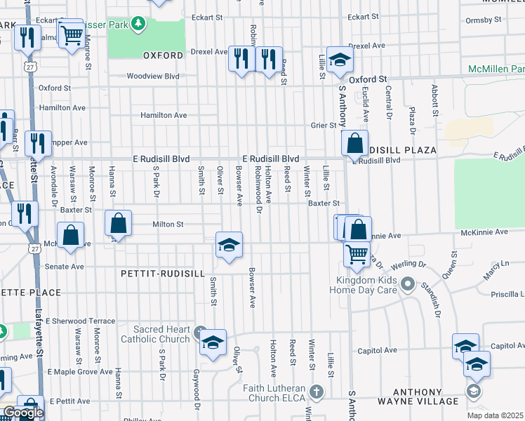 map of restaurants, bars, coffee shops, grocery stores, and more near 4109 Robinwood Drive in Fort Wayne