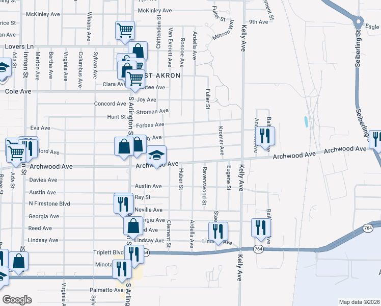 map of restaurants, bars, coffee shops, grocery stores, and more near 736 Ardella Avenue in Akron