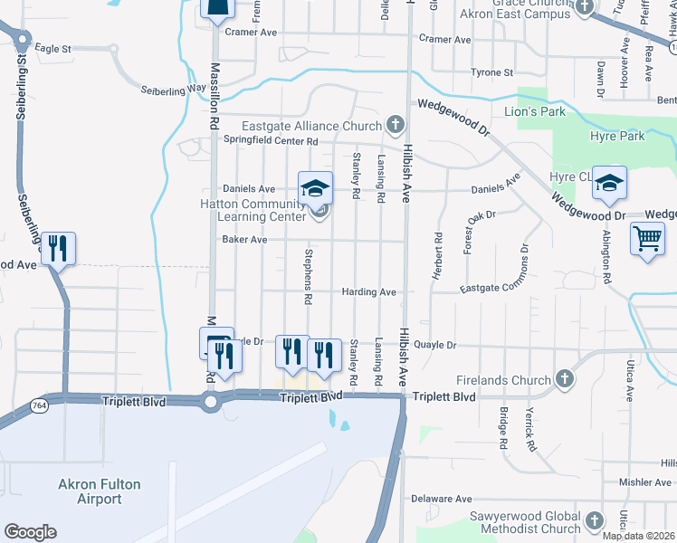 map of restaurants, bars, coffee shops, grocery stores, and more near 496 Hillman Road in Akron