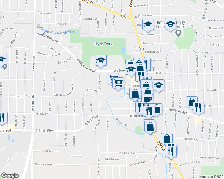 map of restaurants, bars, coffee shops, grocery stores, and more near 2420 Wedgewood Drive in Akron