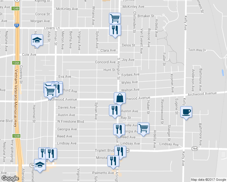 map of restaurants, bars, coffee shops, grocery stores, and more near 989 Clifford Avenue in Akron