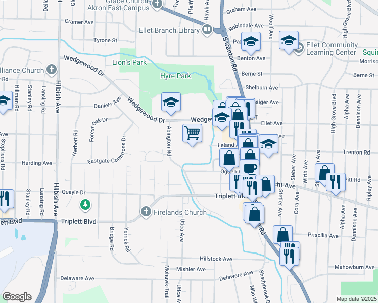 map of restaurants, bars, coffee shops, grocery stores, and more near 2420 Wedgewood Drive in Akron