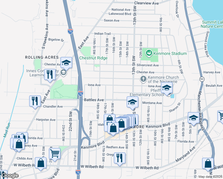 map of restaurants, bars, coffee shops, grocery stores, and more near 2063 17th Street Southwest in Akron