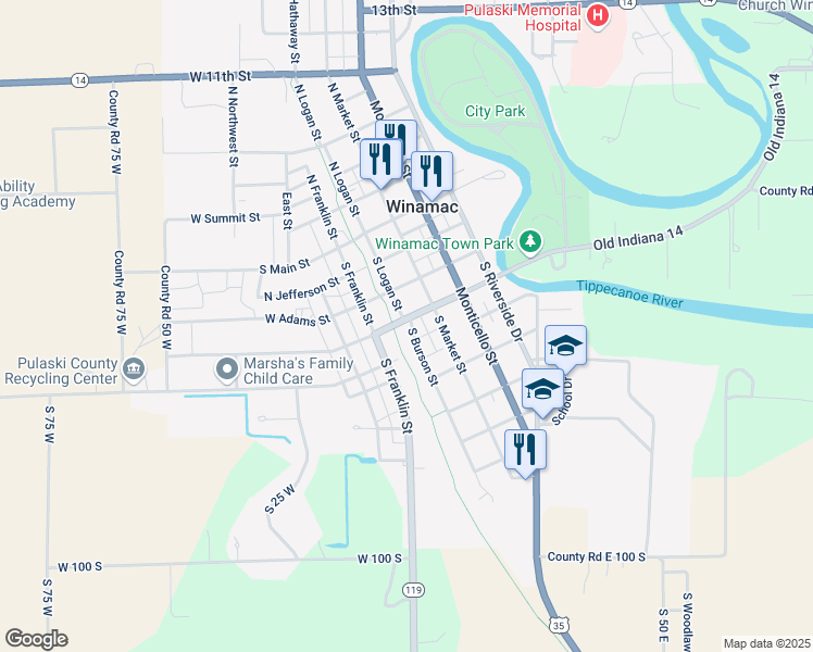 map of restaurants, bars, coffee shops, grocery stores, and more near Panhandle Pathway in Winamac