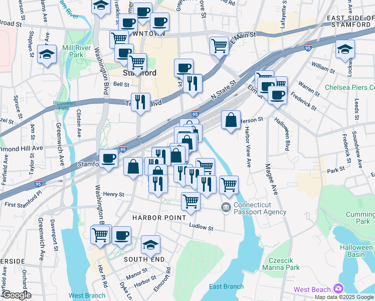 map of restaurants, bars, coffee shops, grocery stores, and more near 507 Canal Street in Stamford