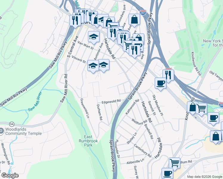 map of restaurants, bars, coffee shops, grocery stores, and more near 29 Poplar Street in Elmsford