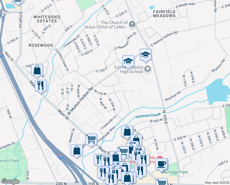 map of restaurants, bars, coffee shops, grocery stores, and more near 770 North Creekside Lane West in Kaysville