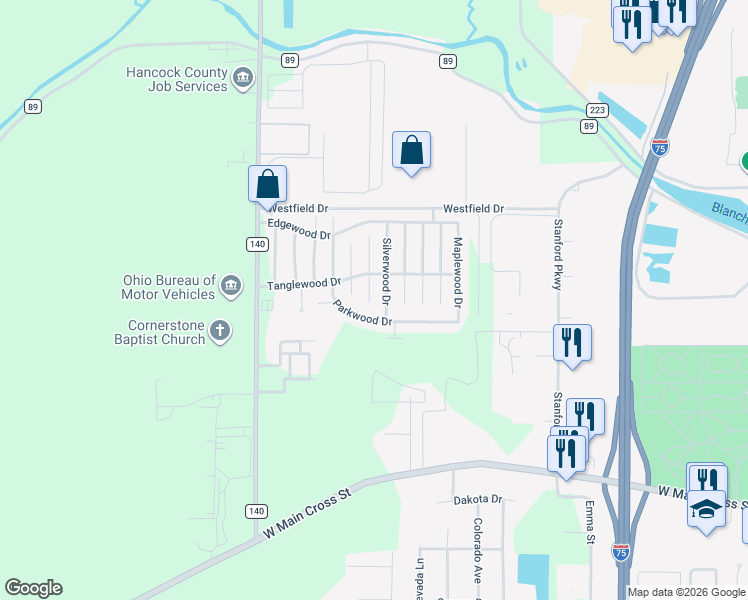 map of restaurants, bars, coffee shops, grocery stores, and more near 8262 Hazelwood Drive in Findlay