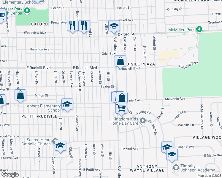 map of restaurants, bars, coffee shops, grocery stores, and more near 4117 Lillie Street in Fort Wayne