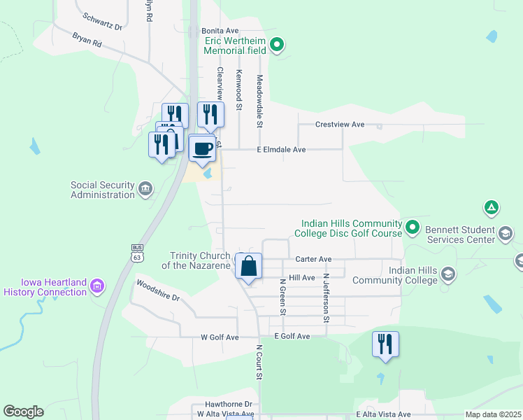 map of restaurants, bars, coffee shops, grocery stores, and more near 138 Northview Avenue in Ottumwa