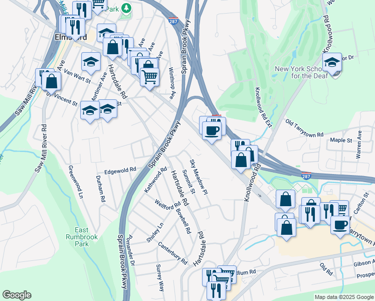 map of restaurants, bars, coffee shops, grocery stores, and more near 19 Chester Avenue in Elmsford