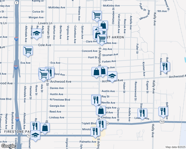 map of restaurants, bars, coffee shops, grocery stores, and more near 976 Clifford Avenue in Akron