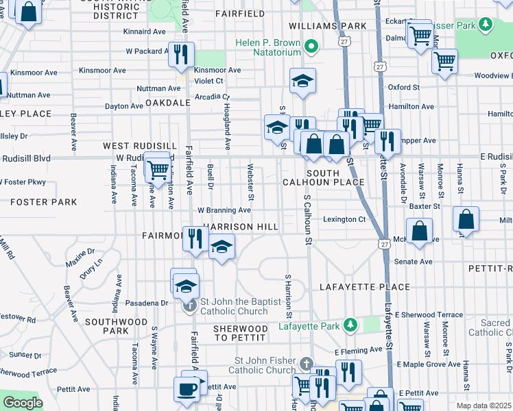 map of restaurants, bars, coffee shops, grocery stores, and more near 315 West Branning Avenue in Fort Wayne