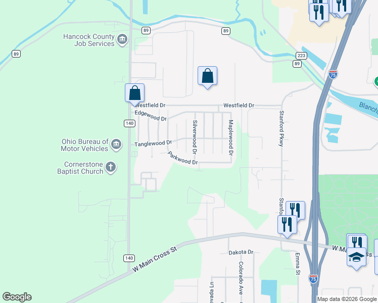 map of restaurants, bars, coffee shops, grocery stores, and more near 8262 Hazelwood Drive in Findlay