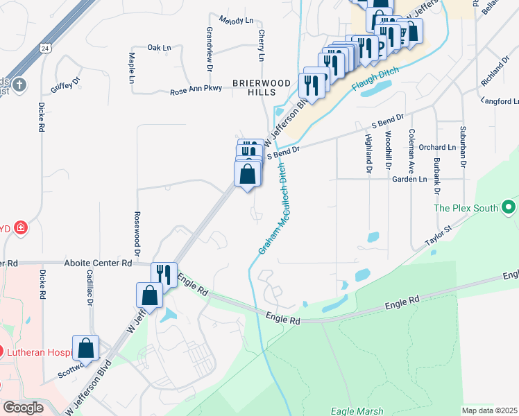 map of restaurants, bars, coffee shops, grocery stores, and more near 3837 Sleepy Hollow Lane in Fort Wayne