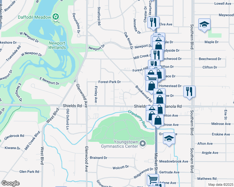 map of restaurants, bars, coffee shops, grocery stores, and more near 5029 Aravesta Avenue in Youngstown