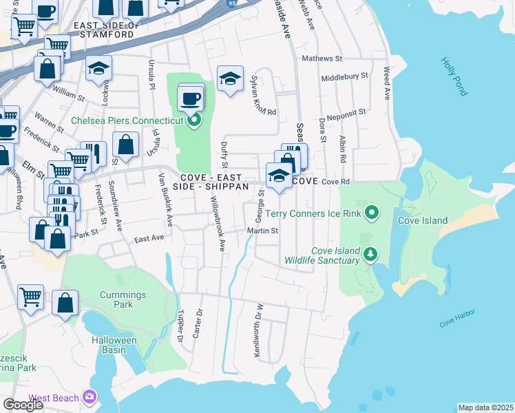map of restaurants, bars, coffee shops, grocery stores, and more near 37 George Street in Stamford