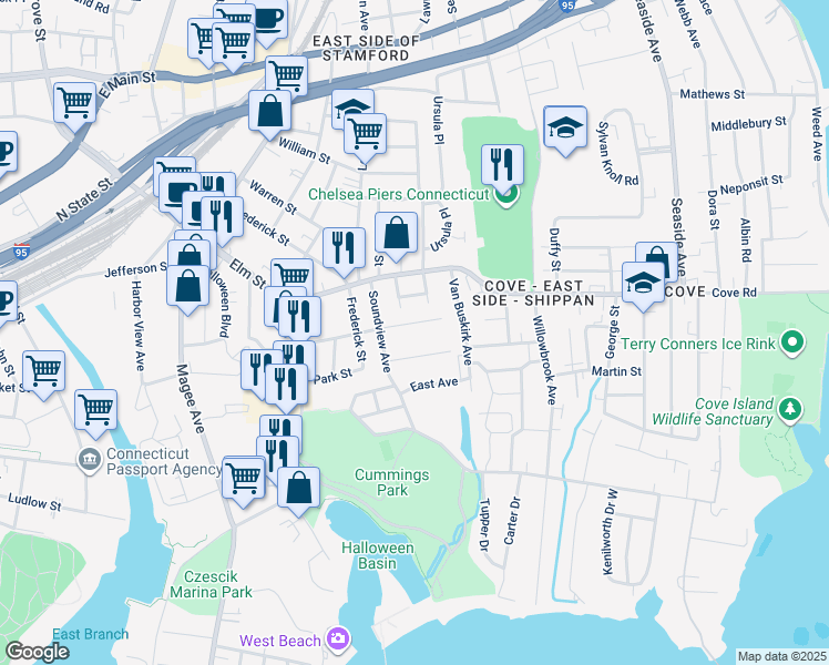 map of restaurants, bars, coffee shops, grocery stores, and more near 24 Limerick Street in Stamford