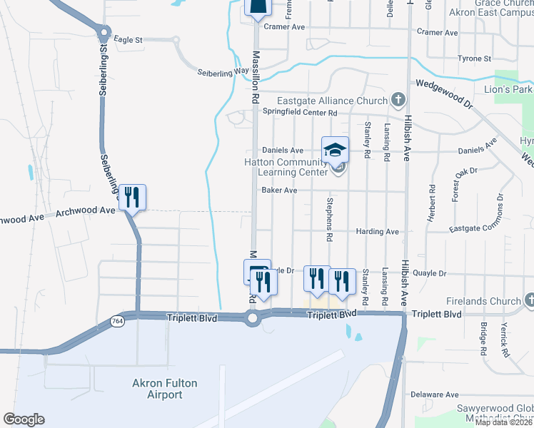 map of restaurants, bars, coffee shops, grocery stores, and more near 494 Baldwin Road in Akron