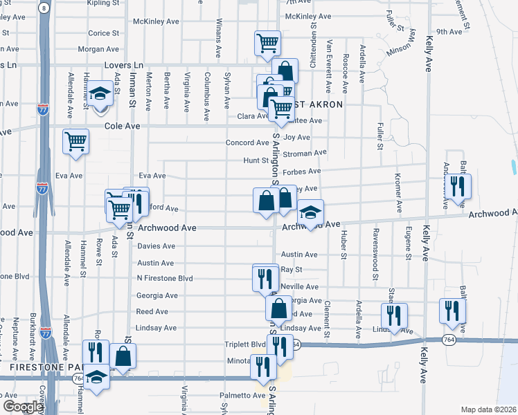 map of restaurants, bars, coffee shops, grocery stores, and more near 976 Clifford Avenue in Akron