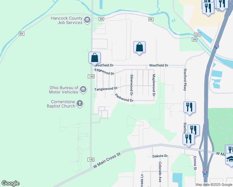 map of restaurants, bars, coffee shops, grocery stores, and more near 10185 Parkwood Drive in Findlay