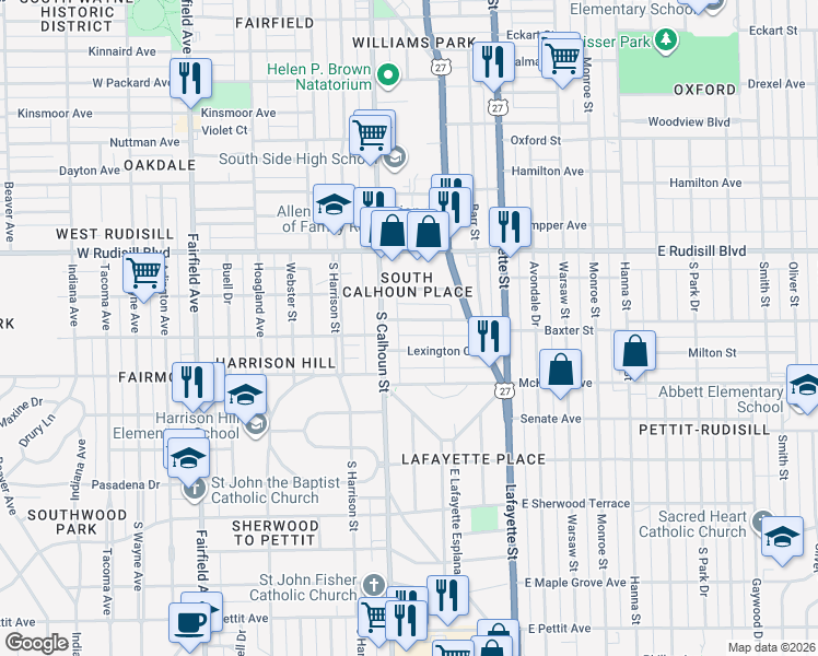 map of restaurants, bars, coffee shops, grocery stores, and more near 211 Lexington Court in Fort Wayne