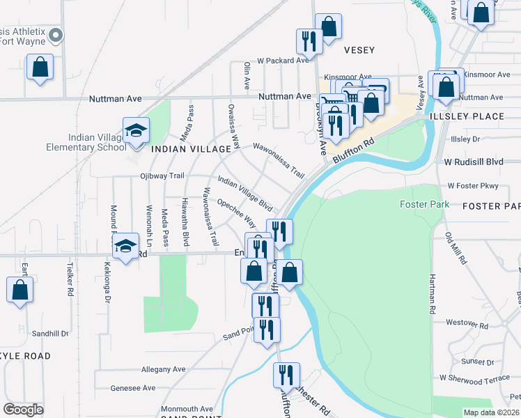 map of restaurants, bars, coffee shops, grocery stores, and more near 2222 Opechee Way in Fort Wayne