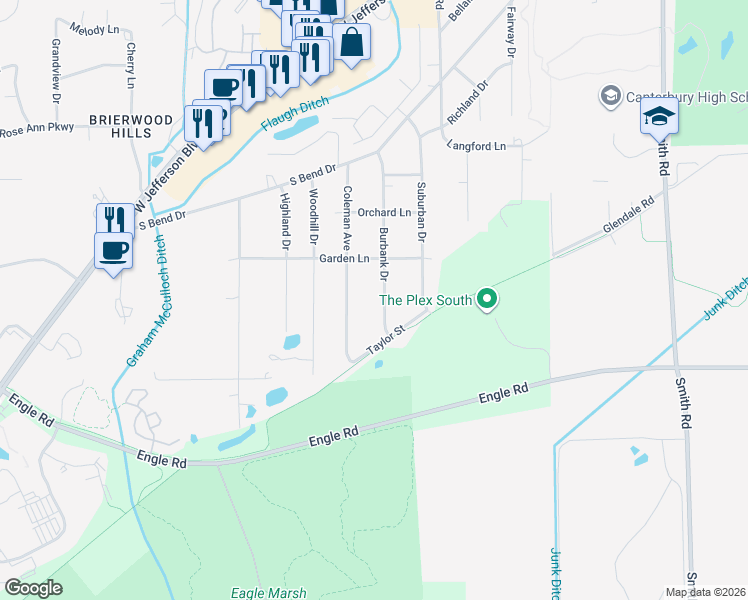 map of restaurants, bars, coffee shops, grocery stores, and more near 4019 Coleman Avenue in Fort Wayne