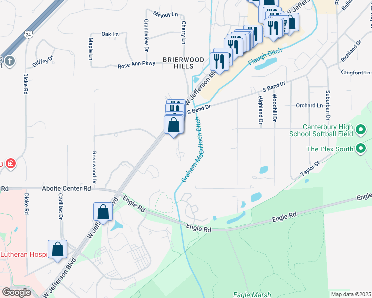 map of restaurants, bars, coffee shops, grocery stores, and more near 7127 West Jefferson Boulevard in Fort Wayne