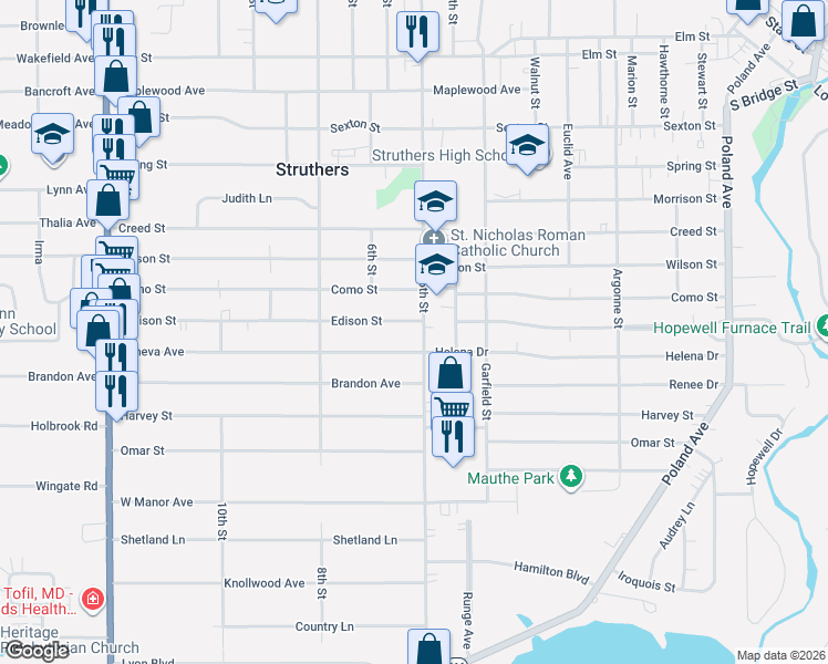 map of restaurants, bars, coffee shops, grocery stores, and more near 865 5th Street in Struthers