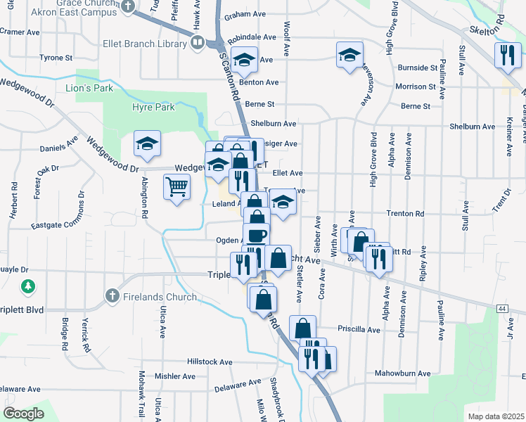 map of restaurants, bars, coffee shops, grocery stores, and more near 585 Canton Road in Akron