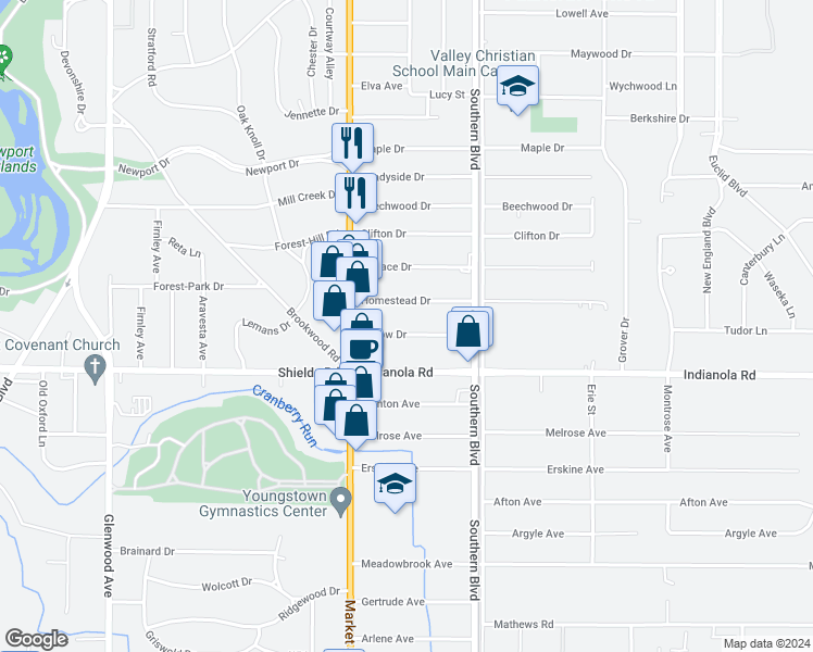 map of restaurants, bars, coffee shops, grocery stores, and more near 56 Willow Drive in Youngstown
