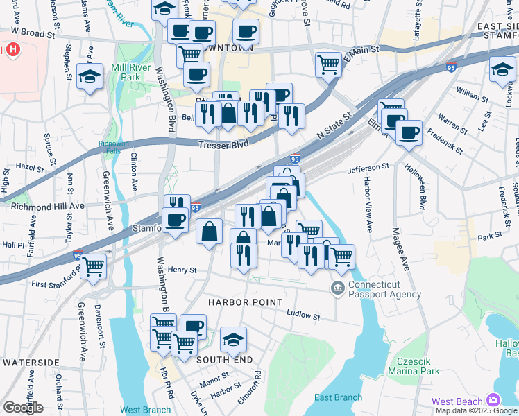 map of restaurants, bars, coffee shops, grocery stores, and more near 97 Manhattan Street in Stamford