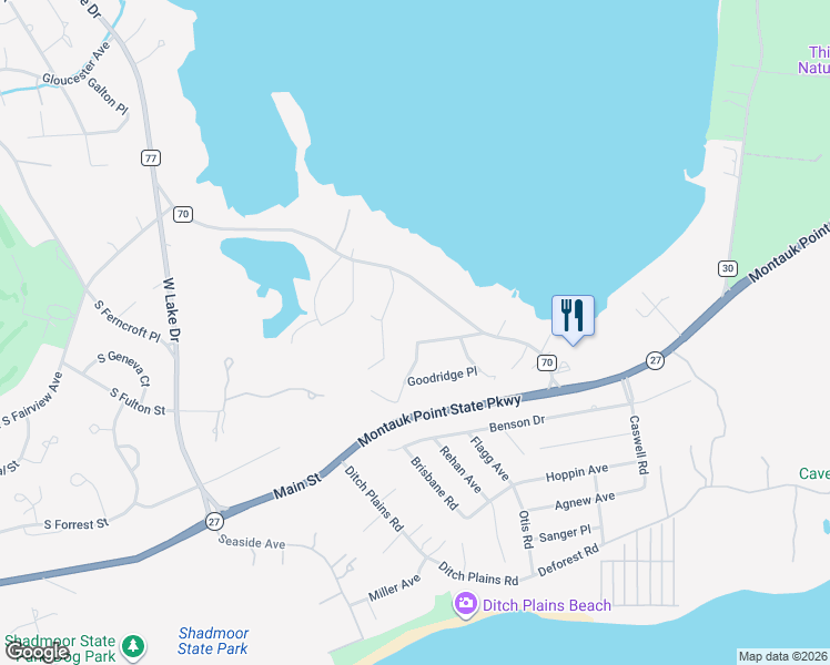 map of restaurants, bars, coffee shops, grocery stores, and more near 26 South Greenwich Street in Montauk