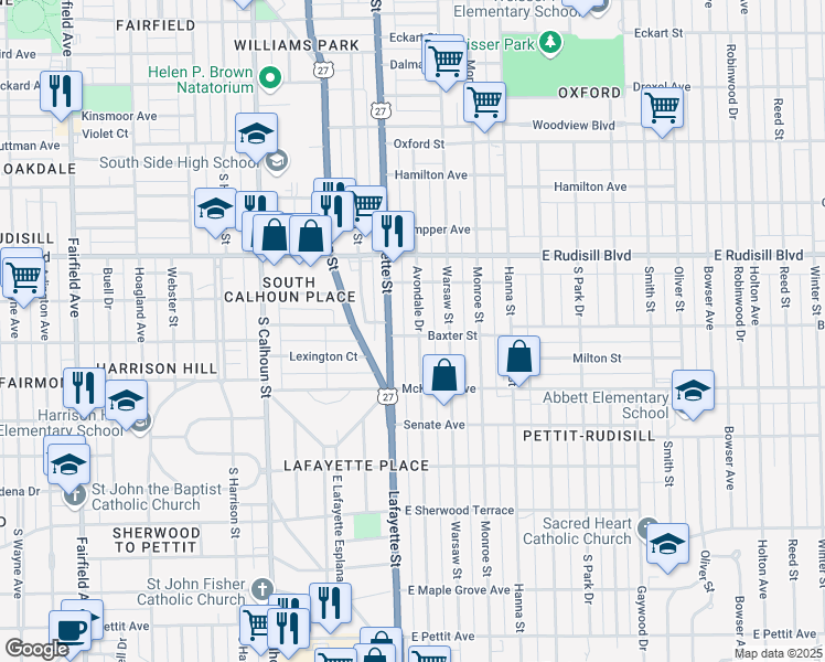 map of restaurants, bars, coffee shops, grocery stores, and more near 4108 Avondale Drive in Fort Wayne