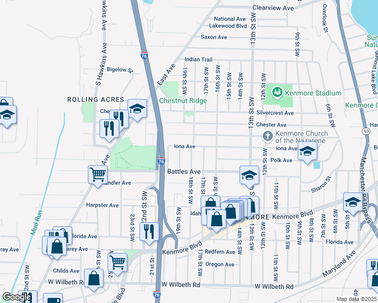 map of restaurants, bars, coffee shops, grocery stores, and more near 2050 18th Street Southwest in Akron
