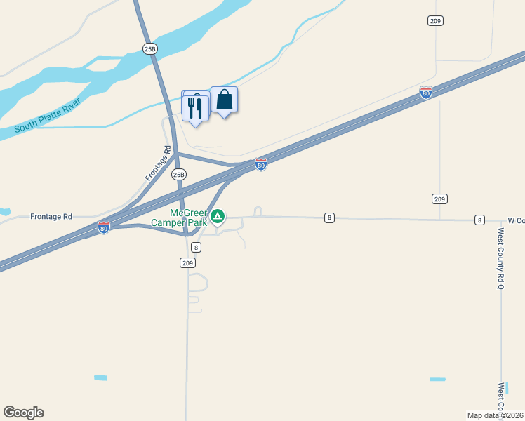 map of restaurants, bars, coffee shops, grocery stores, and more near 20950 County Road 8 in Big Springs