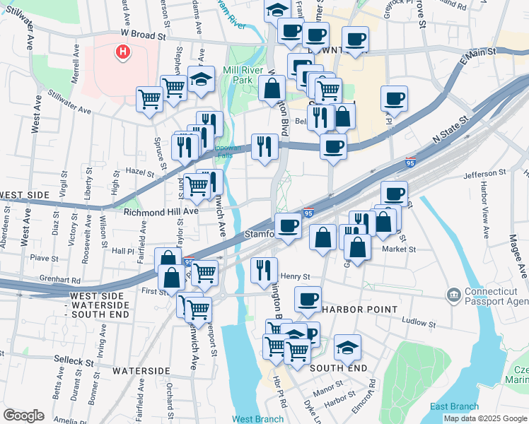 map of restaurants, bars, coffee shops, grocery stores, and more near 600 Washington Boulevard in Stamford