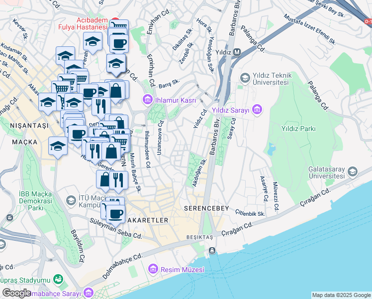 map of restaurants, bars, coffee shops, grocery stores, and more near 7 Jandarma Mektebi Sokak in Beşiktaş