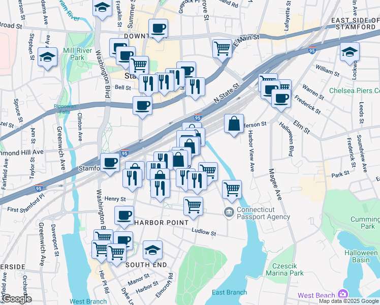 map of restaurants, bars, coffee shops, grocery stores, and more near 50 John Street in Stamford