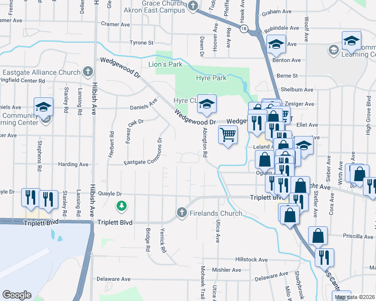 map of restaurants, bars, coffee shops, grocery stores, and more near 2238 Abbey Road in Akron